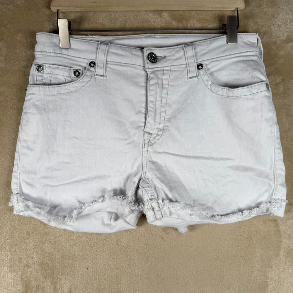 True Religion Jennie Curvy Mid Rise White Denim Shorts Frayed Hem Womens 30